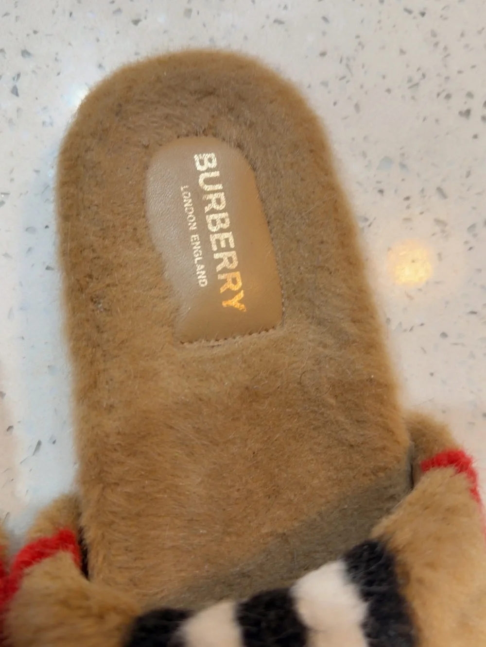 Burberry Tan Fuzzy Slide Sandals with Black & White Stripes